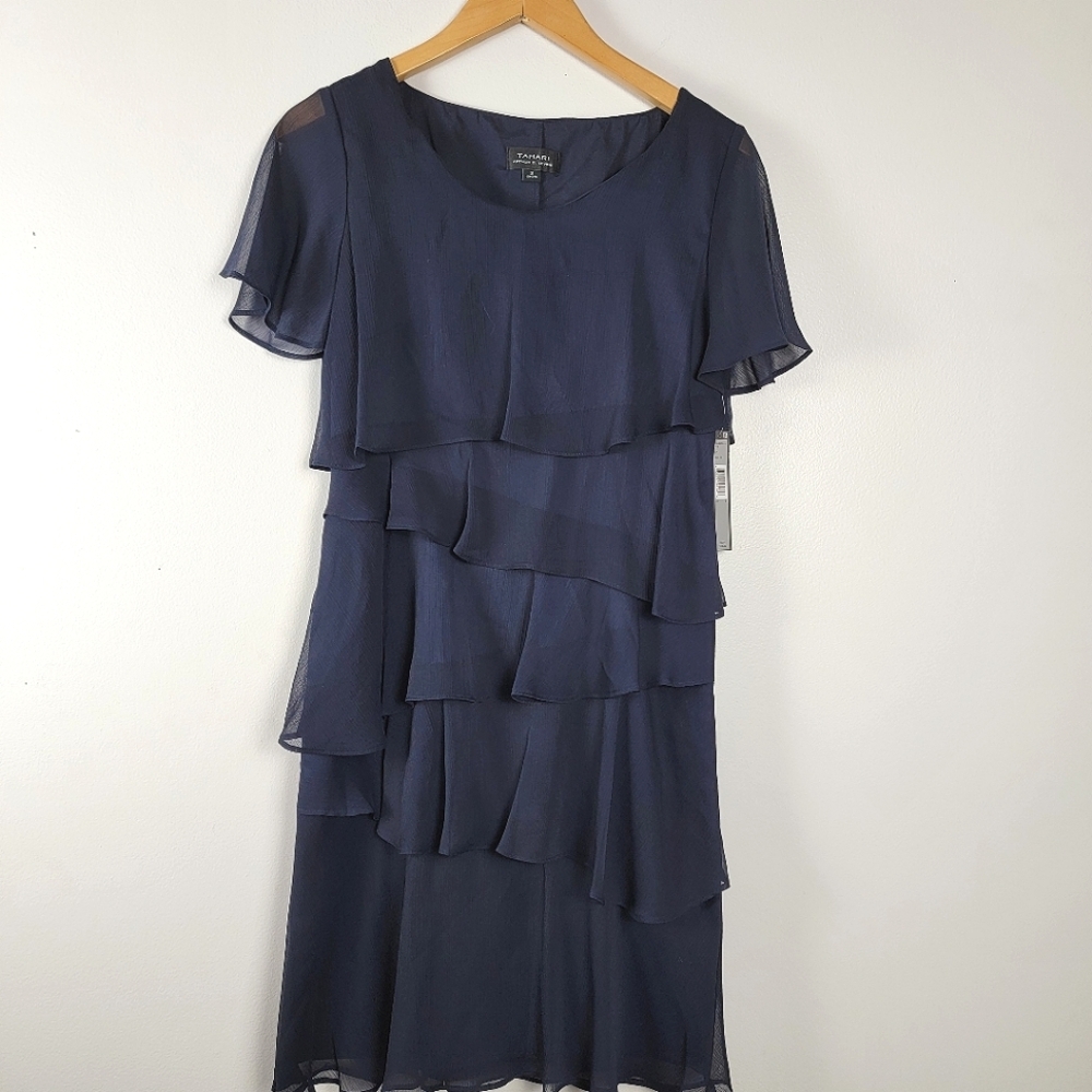 Tahari Dark Navy Blue Elegant Tiered Ruffle Dress Size 2 Special Occassion